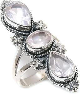 Handmade Natural <b>Rose</b> <b>Quartz</b> Cabochon Engagement Wedding <b>Ring</b> 925 Solid Sterling Silver Women's Stamped Jewelry - Product Image 1