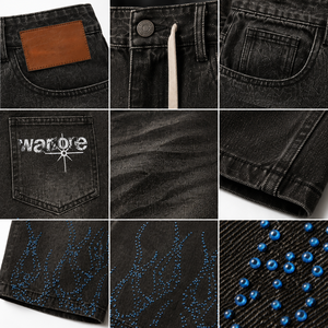 Pantalones Cortos Vaqueros Personalizados de Mezclilla Lavada Estilo Vintage para Hombre, Holgados, Estilo Urbano, con Pedrería y Diseño de Llama, OEM ODM, Marca Privada, Venta al por Mayor - Product Image 6