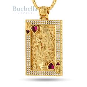 King Queen of Hearts Suicide Pendentif Collier Iced Hip Hop Bijoux pour hommes Conception de cartes à jouer Chaîne cubaine Miami en or massif 18 carats - Product Image 1