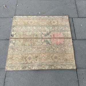 Vintage Rug, Small 2.1x2.2 ft Turkish Rug, <b>Brown</b> Pink Check <b>Wool</b> Rug - Product Image 3