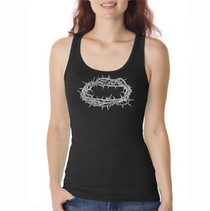 Camiseta sin mangas negra de algodón para mujer con estampado de corona de espinas y logo frontal, diseño casual ecológico con cuello redondo - Product Image 1