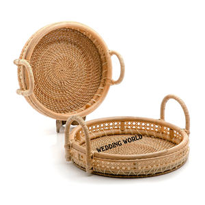 Plateau à chocolat en rotin de forme ronde Plateau de service fait à la main de qualité supérieure Plateau de service en rotin de luxe élégant et classique - Product Image 3