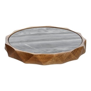 Plateau de présentation rond de luxe en marbre et bois massif, bord sculpté, plateau de table pour la décoration de table basse, le service et la maison haut de gamme - Product Image 1