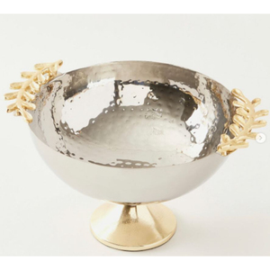 Nouvel arrivage Elegance Vaisselle Bol de service en chocolat Finition martelée en métal avec poignées de fleurs et de feuilles peintes Support de bonbons - Product Image 6