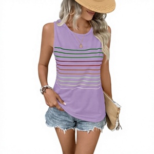 Débardeur à rayures violettes col rond pour femme, décontracté, sans manches, coupe régulière, en tissu jersey respirant - Product Image 1