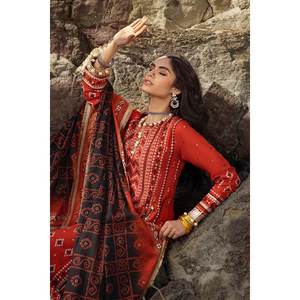 Ensemble de 3 pièces non cousues pour femmes, en tissu lawn brodé de zari, couleur rouille, élégant et stylé - Product Image 3