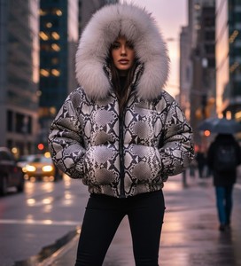 Blouson matelassé en cuir véritable pour femme avec décoration en fourrure de renard brun, coupe-vent d'hiver, fermeture éclair, vêtements de rue - Product Image 5