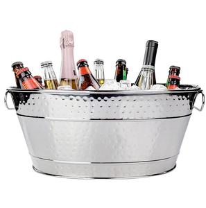 Seau à glace à champagne en acier inoxydable martelé argenté brillant pour bar et hôtel Seau à glace de forme ovale avec poignée - Product Image 1