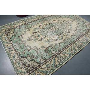 Tapis turc vintage 6.2 X 9.7ft vert beige tissage plat laine motif patchwork pour décorations de salon couloir utiliser du latex - Product Image 2