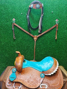 Selle de cheval western LLT la plus vendue, avec conchos turquoise, fausse fourrure, acier inoxydable, cuir lisse, siège rembourré, durable - Product Image 2