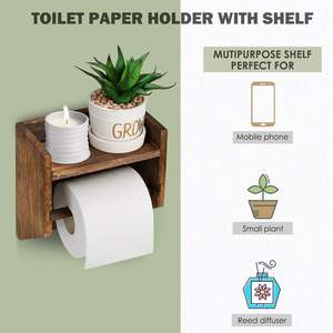 Soporte de papel higiénico de madera rústica con estante, soporte de rollo de papel montado en la pared con estante de almacenamiento para teléfono, soporte dispensador de papel - Product Image 4