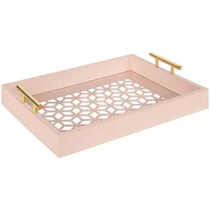 Bandeja de servicio rectangular de laca moderna y asas de metal para mesa de centro de entrada de baño o decoración de tocador - Product Image 1