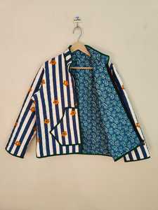 เสื้อแจ็คเก็ตผ้าควิลท์ลายทางสีน้ำเงินขาวสำหรับผู้หญิง ทำด้วยมือจากผ้าฝ้าย แจ็คเก็ตคันธาพิมพ์ลายดอกไม้ สไตล์โบฮีเมียน เสื้อโค้ทฤดูหนาวแบบมีซิป - Product Image 5