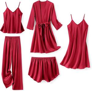 <b>Silk</b> Pajamas for Women 5Pcs Sleepwear Loungewear Satin Robe <b>Cami</b> Shorts <b>Set</b> 95% polyester and 5% spandex sleepwear <b>set</b> - Product Image 1