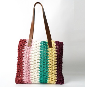 Bohemian Striped Crochet Straw <b>Messenger</b> <b>Bags</b> Women's Shoulder <b>Bag</b> Open Design Leather Strap Summer Daily Use Portable 3L - Product Image 1
