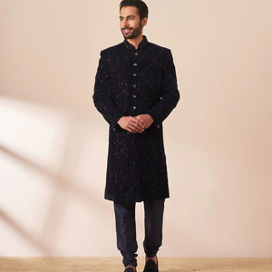 Kurta de mariage traditionnel sur mesure pour marié Designer Velvet Blue Sherwani Collection pour mariage Wear Latest Sherwani - Product Image 1