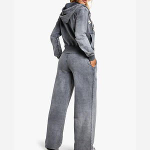 Conjunto de mujer Vintage Conjunto de pantalones de dos piezas Sudadera con capucha y pantalones acampanados con cremallera personalizada Lavado ácido Chándales de mujer de gran tamaño - Product Image 2