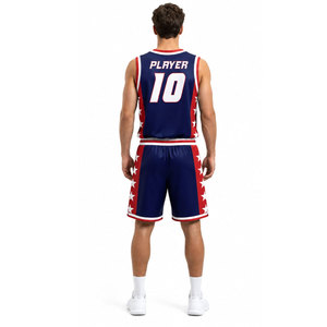 Ensemble de maillots de basketball personnalisés 2026 sublimés bleu, rouge, blanc, étoiles, col en V, sans manches, anti-humidité, coupe athlétique pour hommes - Product Image 5