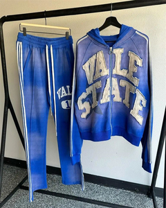 Ensemble de survêtements vintage pour hommes en coton tissé 100 % avec broderie et appliqués, pantalon de jogging et sweat à capuche zippé, respirant et à séchage rapide, vente en gros - Product Image 3