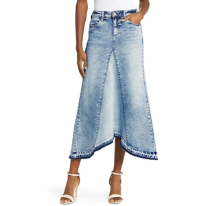 Falda vaquera larga para mujer, Falda vaquera larga informal de cintura alta con dobladillo Irregular deshilachado, bolsillo delantero y trasero - Product Image 1