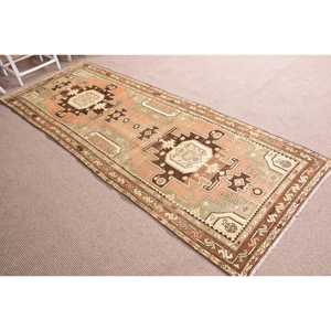 Turkish Vintage <b>Runner</b> Rug 3.4x9.5 ft, Brown <b>Green</b> Abstract Wool Rug - Product Image 3