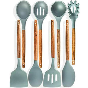 Ensemble de service de nourriture en métal en acier inoxydable avec tête argentée et manche en bois, parfait pour servir des couverts élégants de haute qualité - Product Image 1