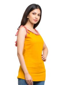 Ensemble long 2 pièces en coton slub uni imprimé de qualité supérieure pour femmes/filles, confortable, couleur jaune, manches trois quarts, col rond - Product Image 3