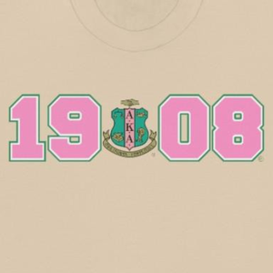 Sudadera con cuello redondo AKA 1908 Year Crest, color beige arena con letras griegas rosas y verdes, suéter de forro polar para hermandad - Product Image 5