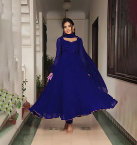 Traditional Indian Style Faux Georgette Anarkali Long Gown with Designer Dupatta Long Sleeve Party Wear - Product Image 1