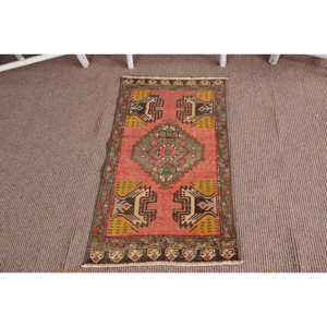 1.7x3.4 ft Rug, Vintage Turkish Rug, <b>Red</b> Brown Camouflage <b>Wool</b> Rug - Product Image 1