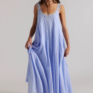 <span class=keywords><strong>Robe</strong></span> maxi bohème pour femmes, best-seller, sans manches, col carré, broderie, coupe <span class=keywords><strong>ample</strong></span>, <span class=keywords><strong>robe</strong></span> longue bleu clair - Product Image 1