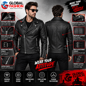 <b>Men's</b> Black Genuine Leather Moto <b>Jacket</b> With Zipper Closure And Adjustable Buckles Slim Fit <b>Biker</b> Style Autumn Wear - Product Image 6