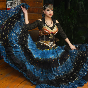 Traje de Danza del Vientre Tribal Fusion para Mujer, Falda Gitana Floral Azul y Negra, Top con Adornos de Borlas, Conjunto de Joyería Boho, Casual y Suave - Product Image 4