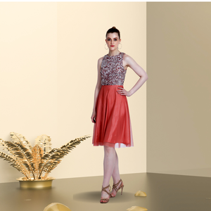 Robe de soirée chic pour femme, jupe corail, haut orné de paillettes, sans manches, broderie tendance, décoration naturelle - Product Image 1