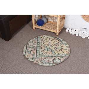 Tapis Vintage en Laine Classique Turque 2.4X2.4 pieds Design Patchwork Beige et Vert avec Support en Latex - Product Image 3