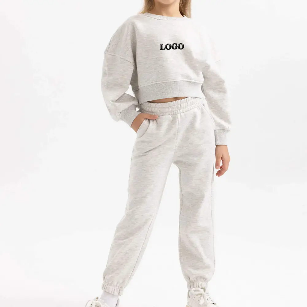 Nuevo diseño de invierno logotipo personalizado Oversize Drop Shoulder Crop Chándal Set / 2024 Precio barato Color sólido Chándal para niñas