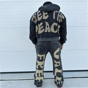 Ensemble de pantalons de survêtement à capuche avec broderie unisexe 100% coton anti-bactérien sweats à capuche zippés - Product Image 4