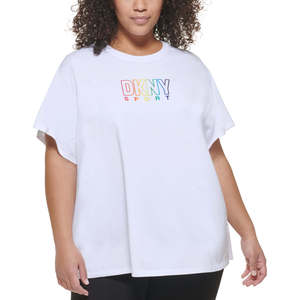 T-shirt DKNY da donna bianca con logo Pride, taglia 1X, stile casual basic, in cotone jersey, stampa ricamata, lunghezza corta - Product Image 1