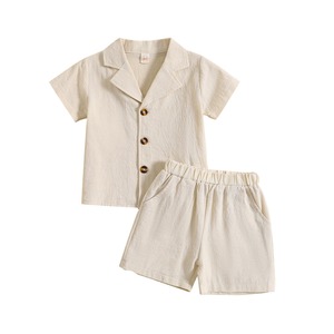 Haute qualité Style été garçons Simple et croustillant rayé épissé col rond manches courtes et couleur unie Shorts garçons vêtements ensembles - Product Image 4