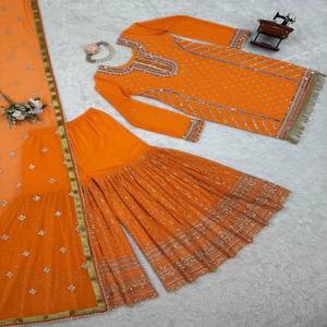 <b>Womens</b> Partywear Sharara Set Embroidered <b>Top</b>, Full Elastic Sharara & 2.2 Meter Dupatta in Faux Georgette with 9mm Sequins - Product Image 5