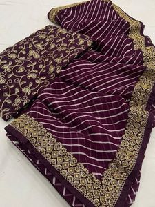 Tissu Georgette Saree avec broderie, bordure de travail et Blouse de travail imprimée sur l'ensemble, belle couleur, vêtements décontractés - Product Image 5