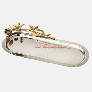 Food Serving Stainless Steel Tray Gold Plated Leaf Design Handle <b>For</b> Dessert <b>Display</b> Wholesale Suppliers Dishes <b>Plates</b> - Product Image 3