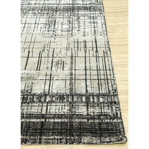 Tapis noué à la main en laine et soie de bambou à motifs abstraits Uvenuti gris et noir - pour usage domestique (1538) - Product Image 4
