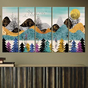 Obra de arte impresa en lienzo: decoración abstracta con paisaje de montaña y bosque, JUEGO DE 5 LIEÑOS - Product Image 1
