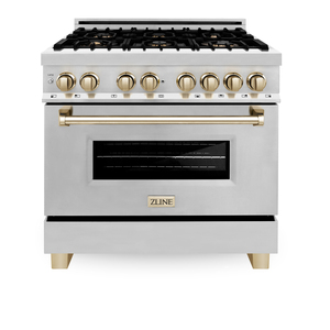 VENTA GLOBAL: Cocina de doble combustible Z-LINES de 36 pulgadas con horno eléctrico, acero inoxidable/dorado RAZ-36-G - Product Image 1