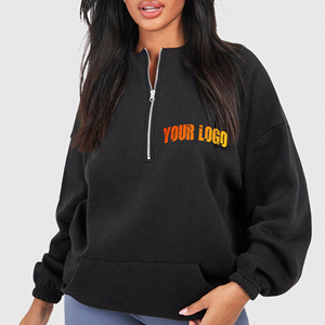 Sweat-shirts à demi-zip surdimensionnés en molleton 100% coton, style nouveau, poches kangourou, logo imprimé personnalisé, manches longues, pulls pour femmes - Product Image 4