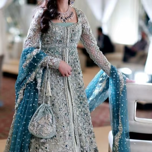 --ELEGANT--BRIDAL---LONG <b>JACKET</b>---WITH--LEHENGA--Dress With---Embellished in Crystal Glass Beads Stone Work for Wedding=2021 - Product Image 6