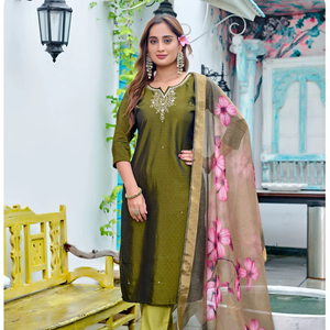 Costume en soie Rangoli de créateur avec ensemble de dupatta numérique, vêtement ethnique polyvalent pour les fêtes, les mariages et un usage décontracté - Product Image 1