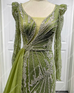 فاخرة عالية دبي حورية البحر مطرز فساتين السهرة الزيتون الأخضر الخامس الرقبة طويلة الأكمام شبكة مأدبة - Product Image 4