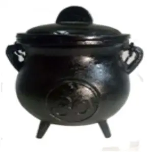 OM CAST IRON CAULDRON WITH LID Incense Burner and Charcoal Burner Iron Cauldron With Handle in Black Finish